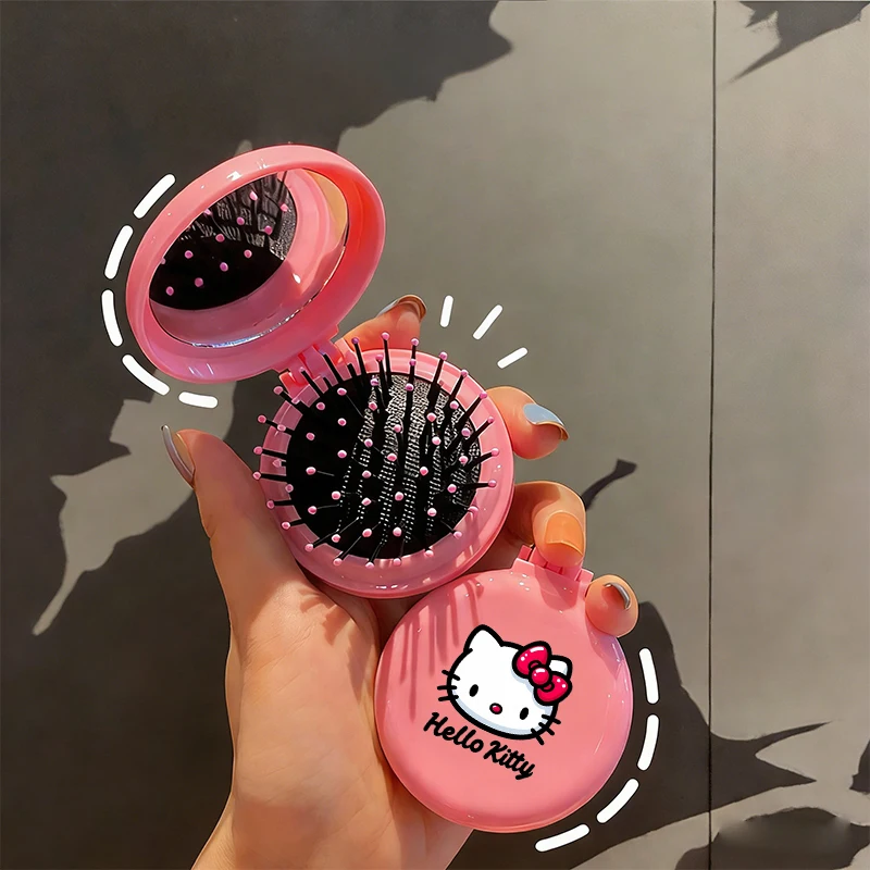

Sanrio Hellokitty Mini Portable Mirror Folding Comb Girl Women Travel Portable Round Pocket Small Massage Hair Brush with Mirror