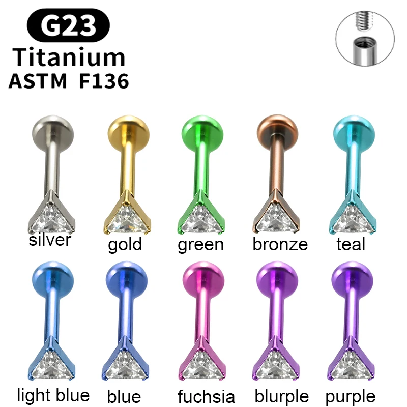 1 Pc G23 Titanium Internally Threaded Triangle Shape Labret Lip Ring Zircon Cartilage Tragus Helix Lobe Earring Piercing