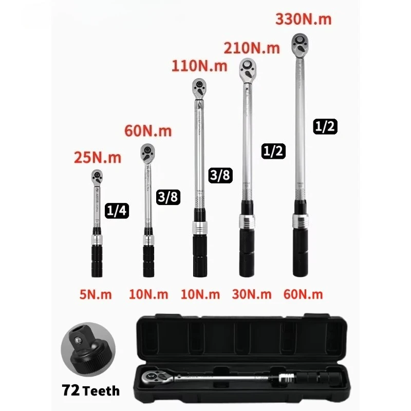 72-Tooth Click Torque Wrench Set, 1/4 3/8 1/2 Inch Drive, ±3% Accuracy, Auto & Bike Maintenance Spanner