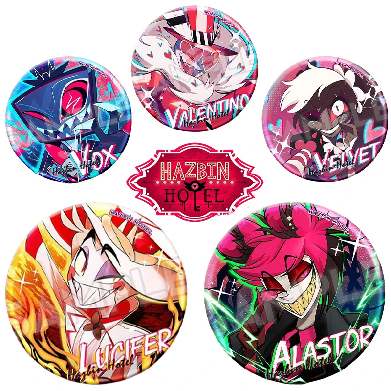 Broches de hojalata de dibujos animados de Hotel Hazbin, insignias de Metal láser de Anime Alastor Lucifer Morningstar Valentino Vox, regalos para seguidores de moda