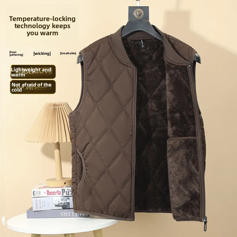 Winter Men 's Fleece Warm Vests Outdoor Zipper Round Neck Sleeveless Coat Cold-proof Thick Cotton-padded Jacket Waistcoat