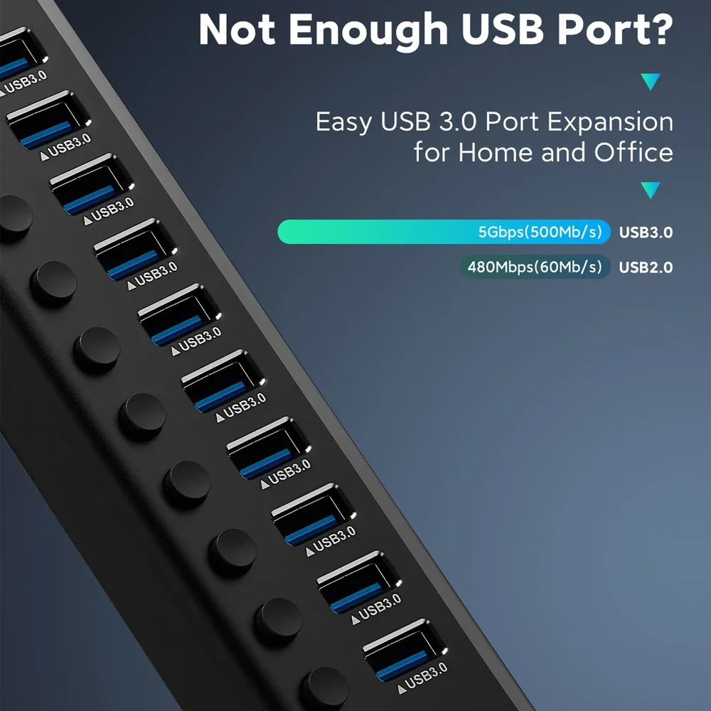 Imagem -04 - Rshtech Usb3.0 Hub de Alumínio 10 13 16 Porta Expansor Usb Alimentado Dados Hub Divisor Interruptores Liga Desliga Individuais para Portátil Macbook