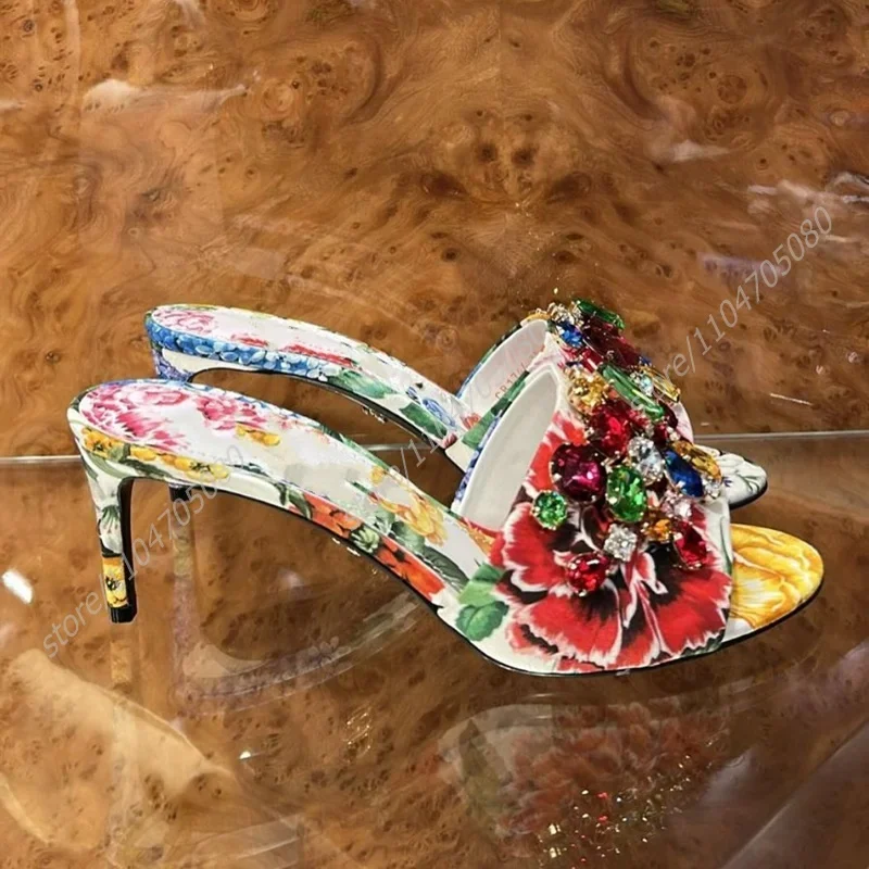 

Ethnic Style Rainbow Graffiti Crystal Stiletto Slippers Women Diamond Yellow Flower Print Totem Open Sandals Summer Beach Mules
