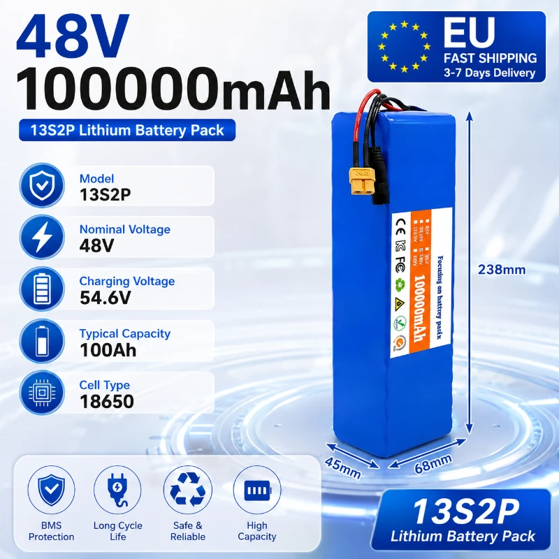 Image of 48V Lithium-Akku 100Ah 100000mAh 13S2P Wiederaufladbarer Akkupack mit BMS für 250W 350W 500W 750W 1000W E-Bike Elektroroller DIY-Akku Kostenloses 54,6V Ladegerät Mehrfachanschlüsse