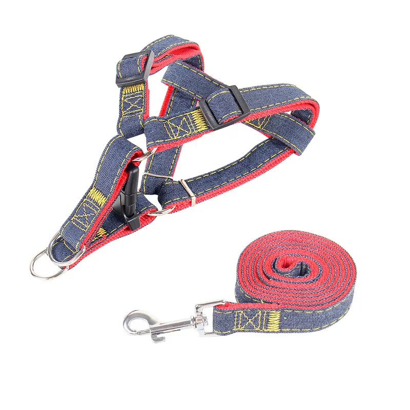 Durable Denim Dog Harness And Leash Vest Set For Pet Walking_voghion.com