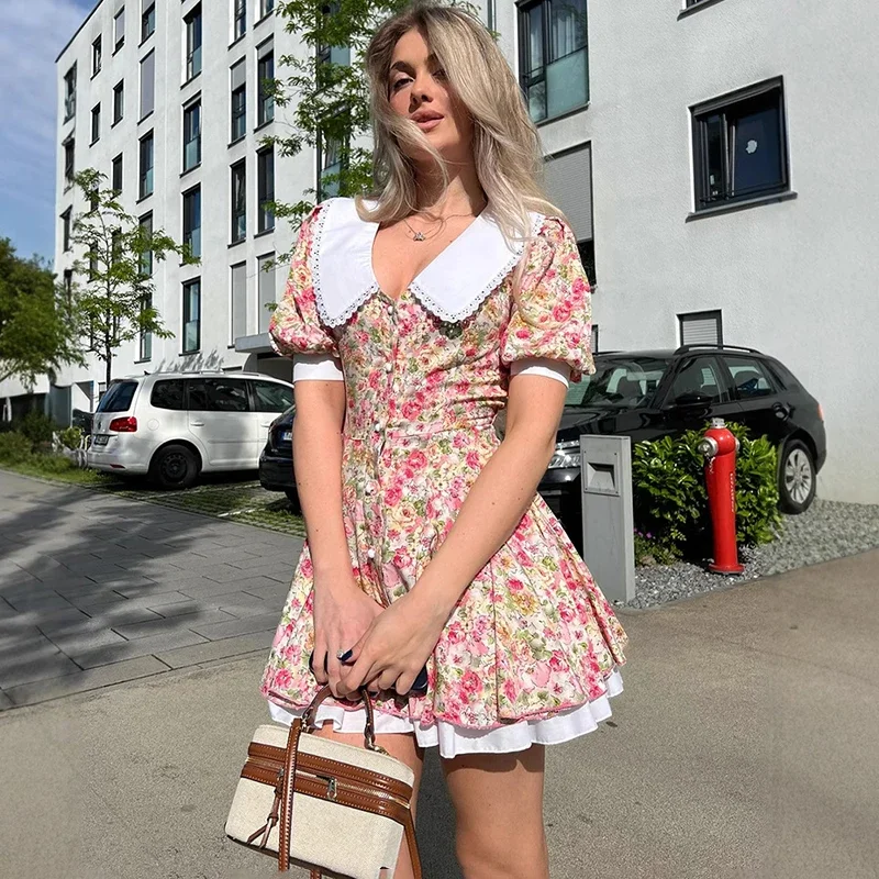 

Contrast Print Dress Women's V Neck Puff Sleeve Single Breasted Pleated Dress Lady Chic Retro Holiday Party Slim Dress