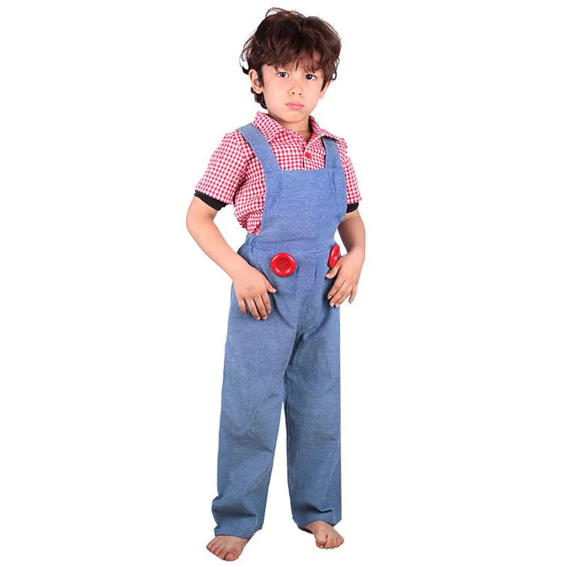 Boys Girls professional Farmer Cosplay Blue strap pants Costume Halloween Kid with Accessories migrant worker