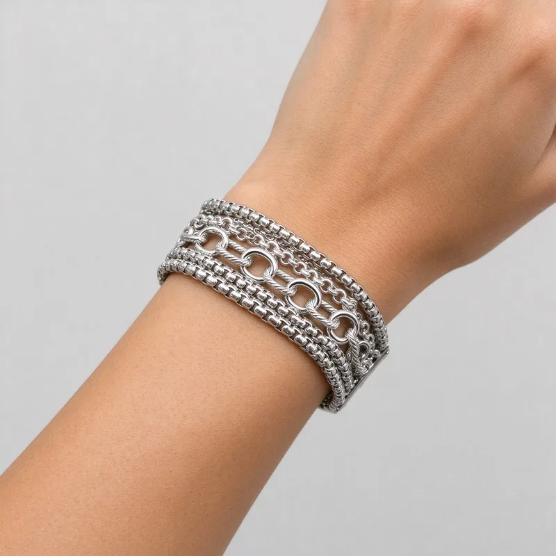 29mm Wide Multi Layer Row Chain Statement Bracelet for Women High Quality Polished Alloy Chunky Interwoven Box Twisted Cable Chain with Box Clasp Bold Cuff Fashion Jewelry for Party Night Out Wedding Daily Wear Christmas Birthday Anniversary Gift for Her