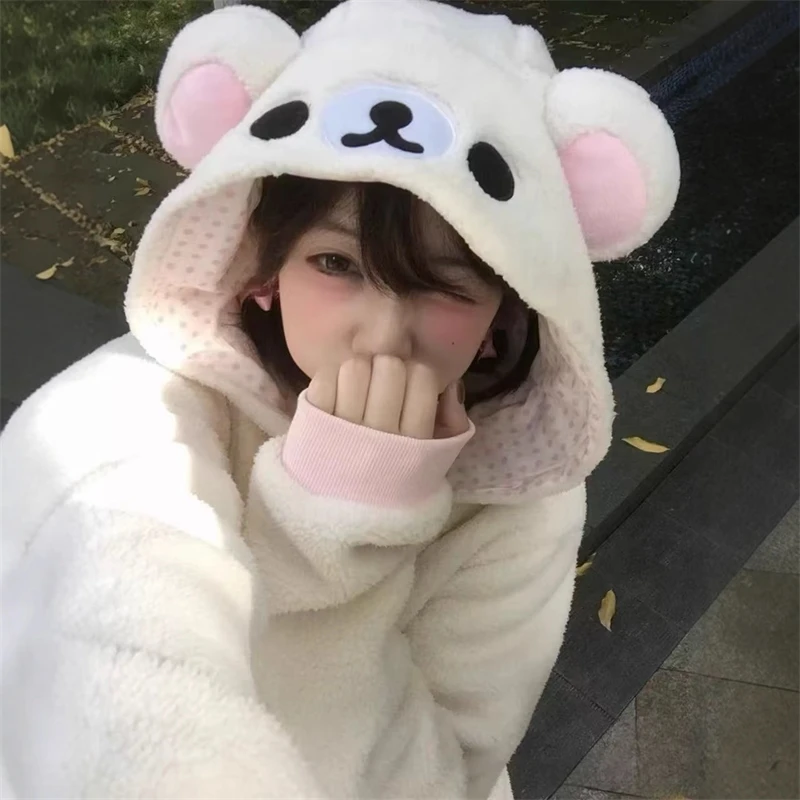 Rilakkuma Y2K Hoodie Pyjama Set Niedliche Japan Bär Nachtwäsche Mädchen Fleece Gefüttert Mit Kapuze Homewear Anzug Herbst Winter Loungewear Neu