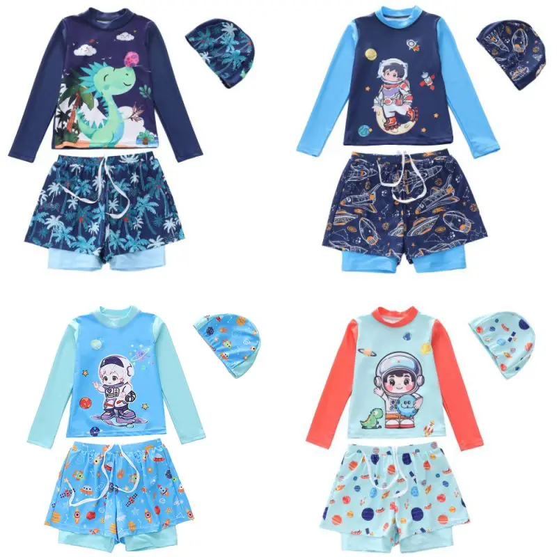 

Boys' Swimwear Set Long Sleeve Rash Guard + Swim Trunks + Sun Hat, UPF 50+ UV Protection, Quick Dry Cartoon Print Beach Outfit