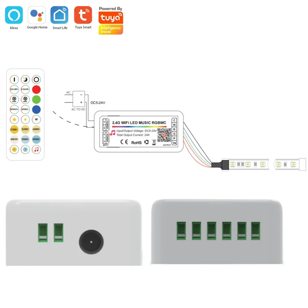 5M-20M Tuya Wifi 5050 5in1 RGBCCT DC24V LED Strip Smart Control Room Lights Decor 2.4G RF Remote Control for Alexa Google Home