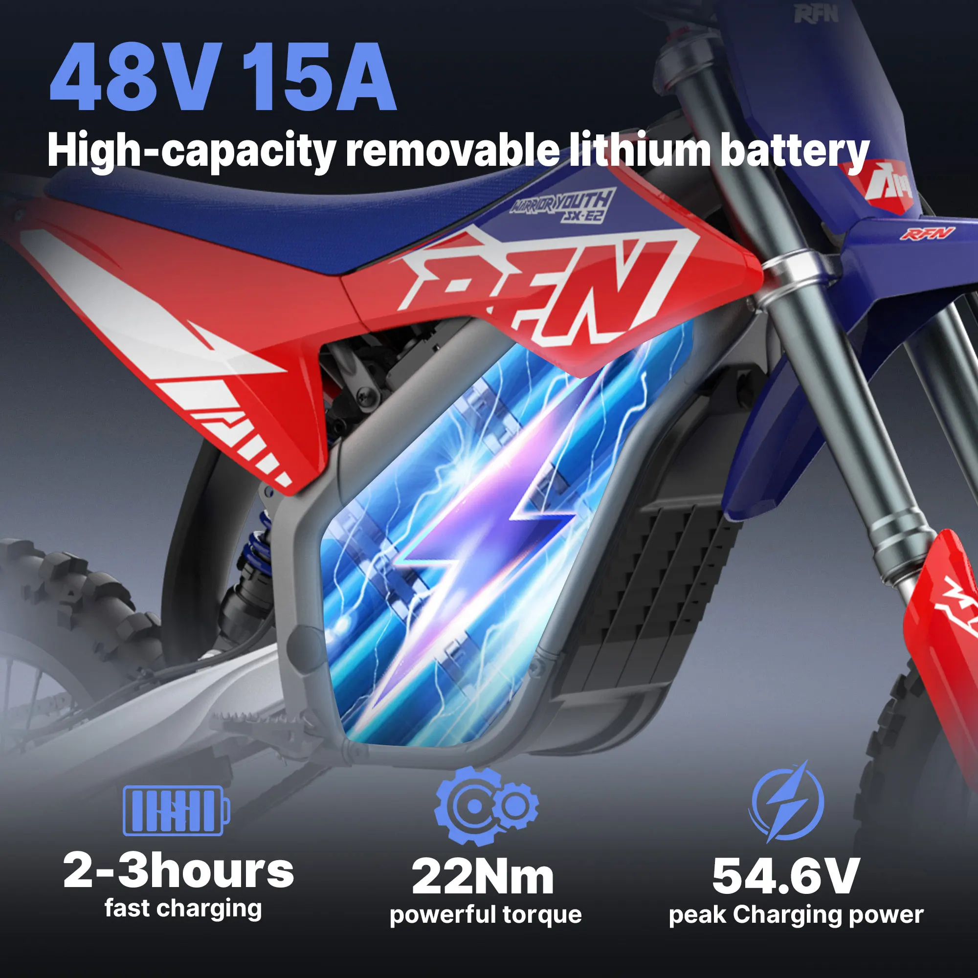 Bici da cross elettrica RFN Warrior Younth SX-E2 - Motore potente MAX 2000 W - Velocità massima 28 mph |   Pneumatici fuoristrada da 12"/10" con 26 miglia