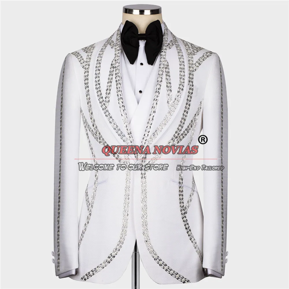 Weiße Hochzeit Bräutigam Smoking maßge schneiderte neueste Designer Perlen Jacke Weste Hosen 3 Stück Abend Dinner Party Prom Blazer Männer Anzüge