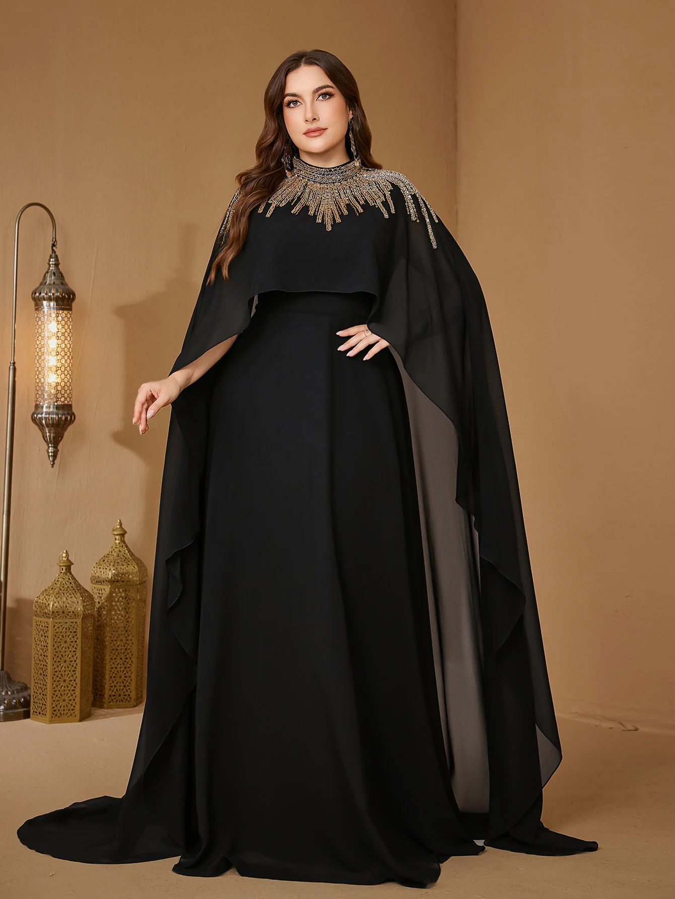 UNITHORSE Plus Women's Stand Collar Cape Sleeve Sequin Patchwork Slim-Fitting Chiffon Evening Dress