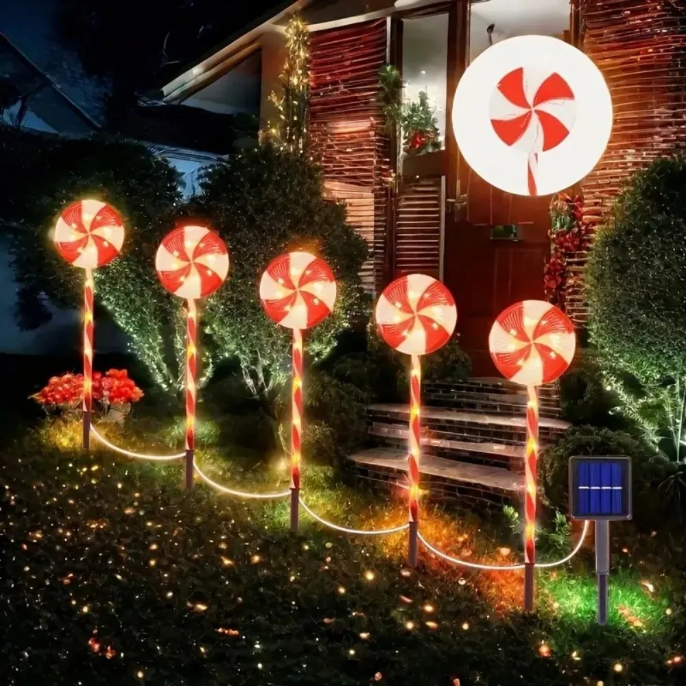 1SET 5PCS Solar Lollipop Shaped LED Stake Lights, 8 Lighting Modes, Outdoor Christmas Courtyard Garden Lawn Path Decoration