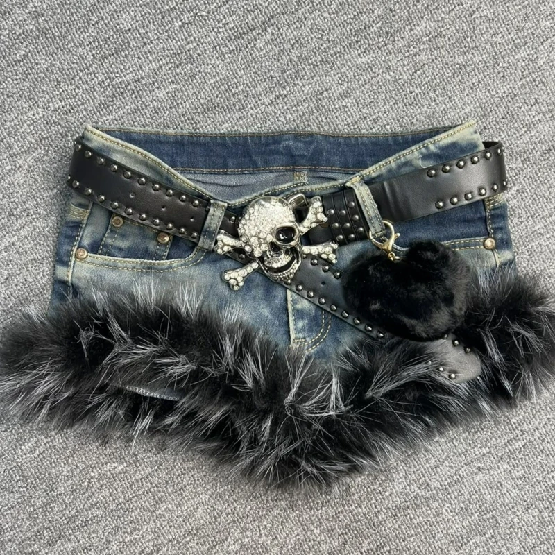 Japanese Gothic Style Denim Shorts Women Vintage Fashion Plush