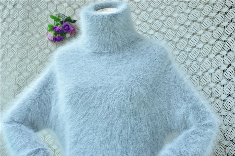 Women Mujer Autumn Winter Clothing Hairy Angora Rabbit Hair Knitted Turtleneck Crop Top Slim Mink Fur Sweater Jumper Pull Tops view 2