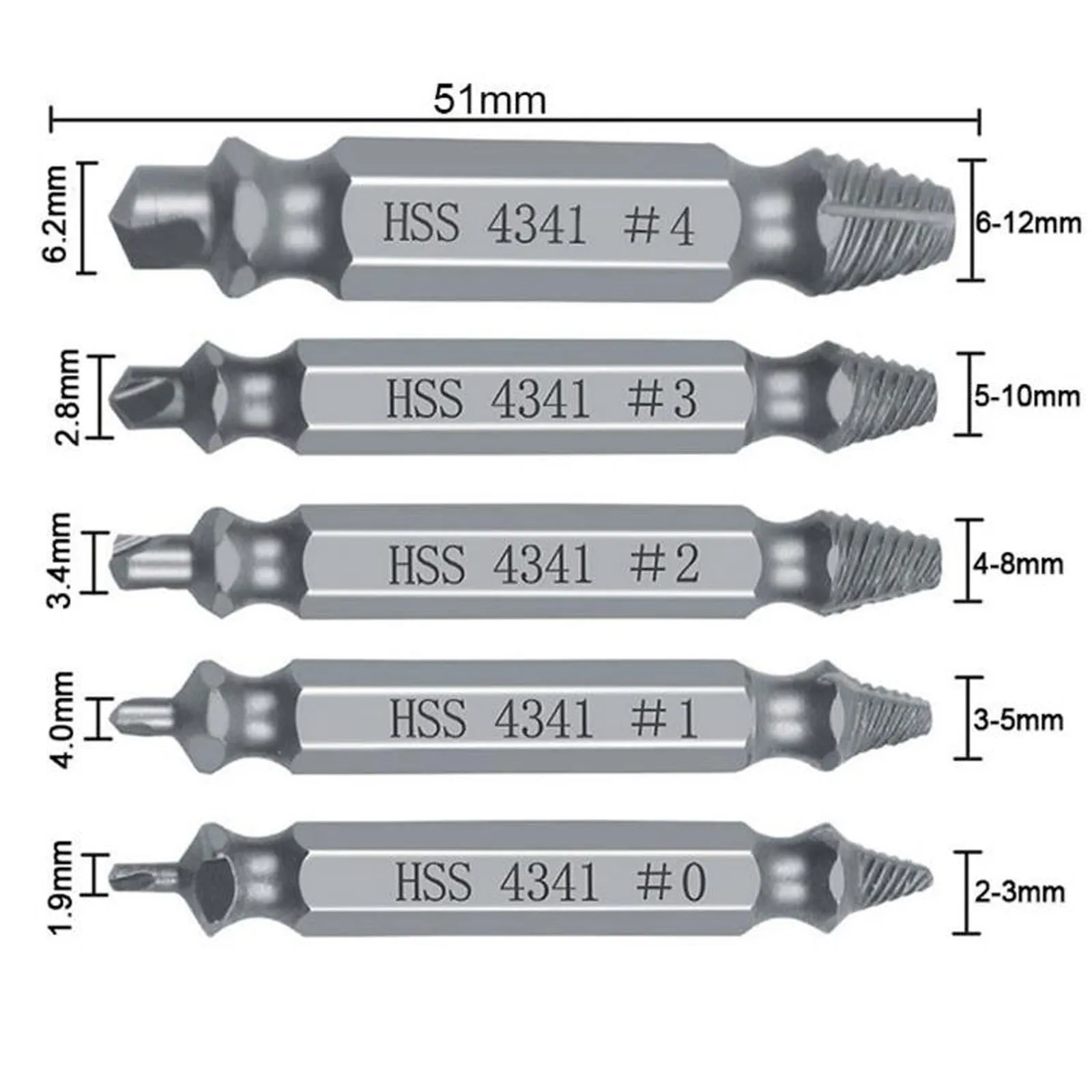 5pcs/box 0# 1# 2# 3# 4# Damaged Screw Extractor Drill Bit Set HSS4341 Out Bolt Extractor Bolt Stud Remover Tool Double Head