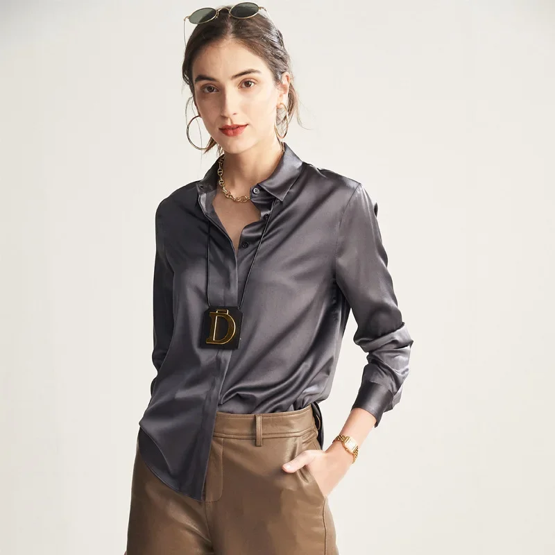 Women's Silk Top Office Lady Tops Fashion Shirt Blouses Outerwear 2024 New Real Mulberry Silk Lapel Long-sleeved Shirts Blouse