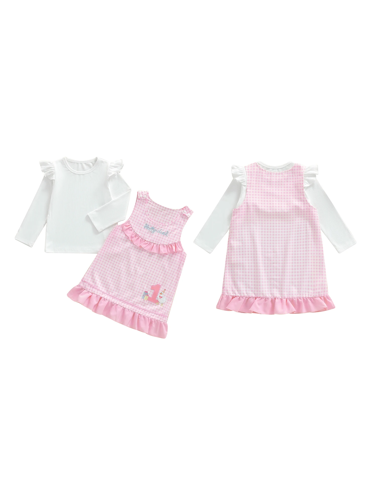 Dwuczęściowy zestaw dla dziewczynek: bluzka z długim rękawem i okrągłym dekoltem oraz sukienka ogrodniczka z denimu, strój urodzinowy dla dzieci.