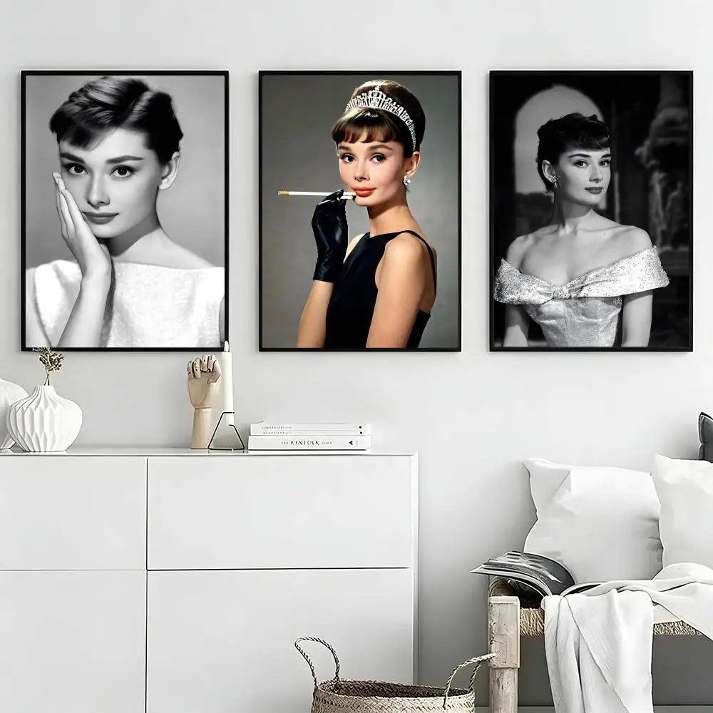 Actress Audrey Hepburn Poster Self-adhesive Art Waterproof Paper Sticker Coffee House Bar Room Wall Decor