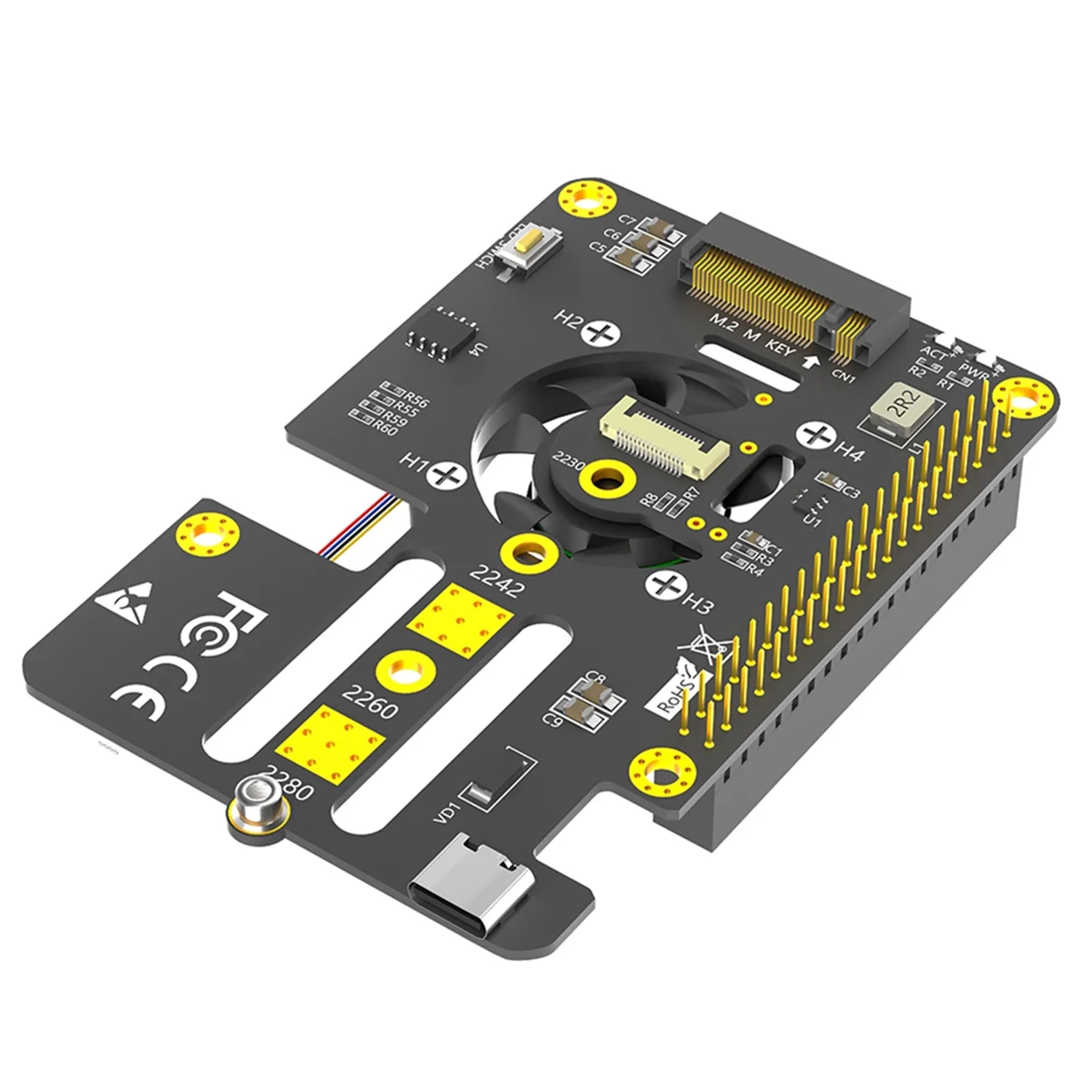 3 in 1 Combo M.2 NVMe to PCIe Adapter with Cooler Fan and Automatic Discoloration LED for Raspberry Pi 5