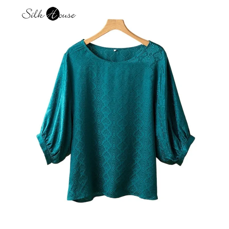 

Romantic French 100% Natural Mulberry Silk Seven Quarter Lantern Sleeves Women's Sea Blue Casual Round Neck Loose Top T-shirt