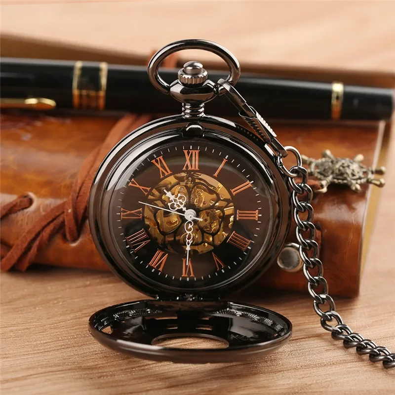 Antique Hollow Out Gear Case Men Women Handwinding Mechanical Pocket Watch Pendant Chain Skeleton Clock Roman Numeral Timepiece