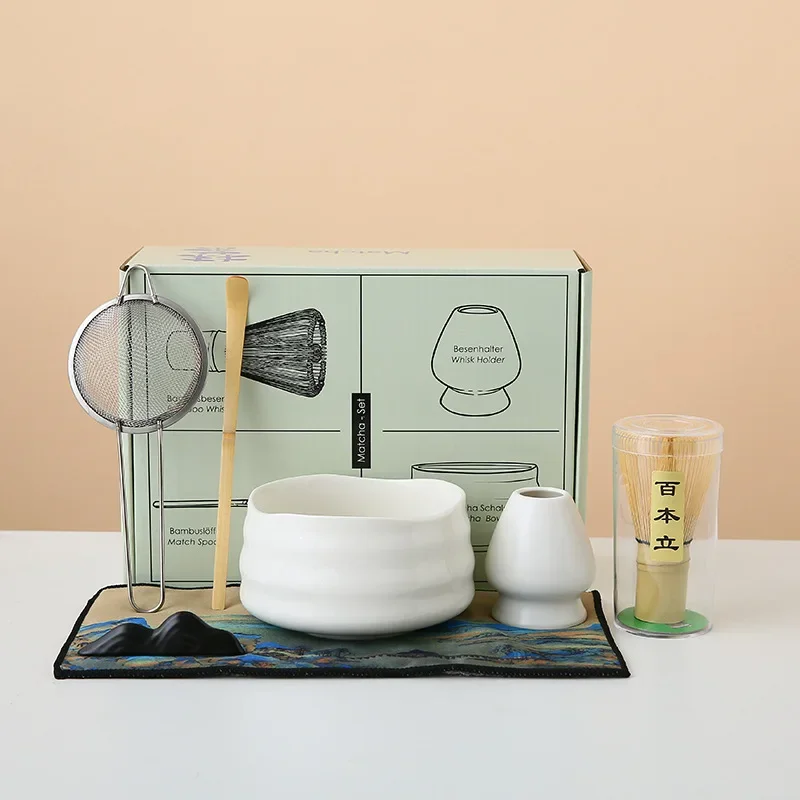 7PCS/Pack Japanese Matcha Ceremony Set - Includes Chasen (Whisk), Chawan (Tea Bowl), and Tools in Artistic Gift Box.