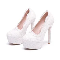 Women's Shoes Concise Women Pump Platform Flower Pearl  Wedding PU 14CM Thin Heels Lace Cloth Surface Pole Dancing Woman Shoes