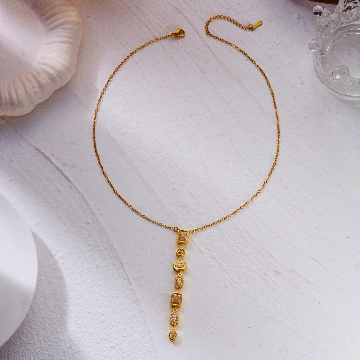 Glänzende Zirkon-Halskette mit geometrischen Verbindungsstücken und Quasten aus Edelstahl für Damen und Herren, Herz, Auge, Wassertropfen, Sonne, Mond, Stern, Choker-Schmuck – Detail 32