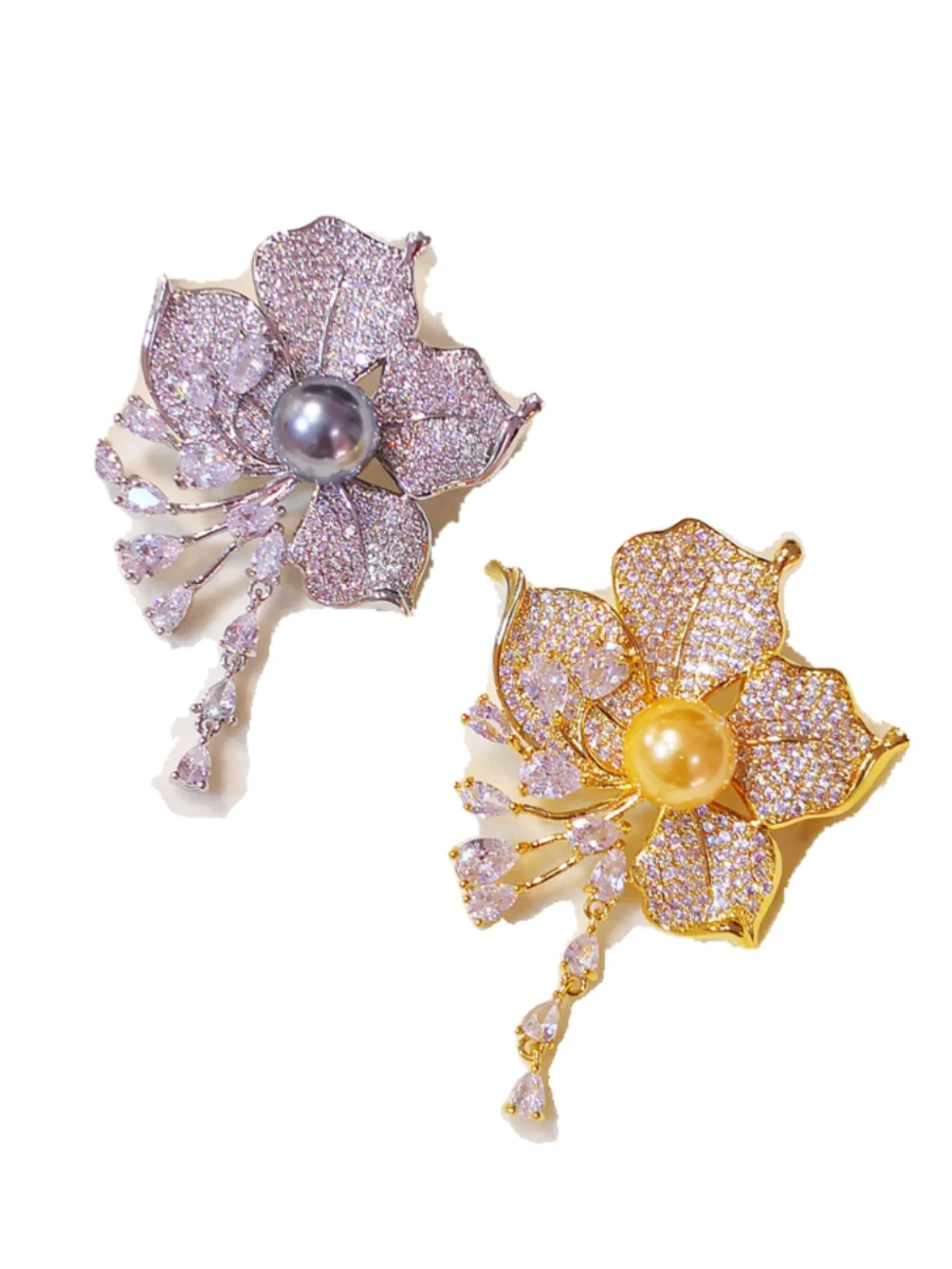 Gorgeous Exquisite Micro-zircon Vintage Brooch Sunflower Wings Tassel Fan-shape Drop Pearl Corsage Temperament Accessories Gift