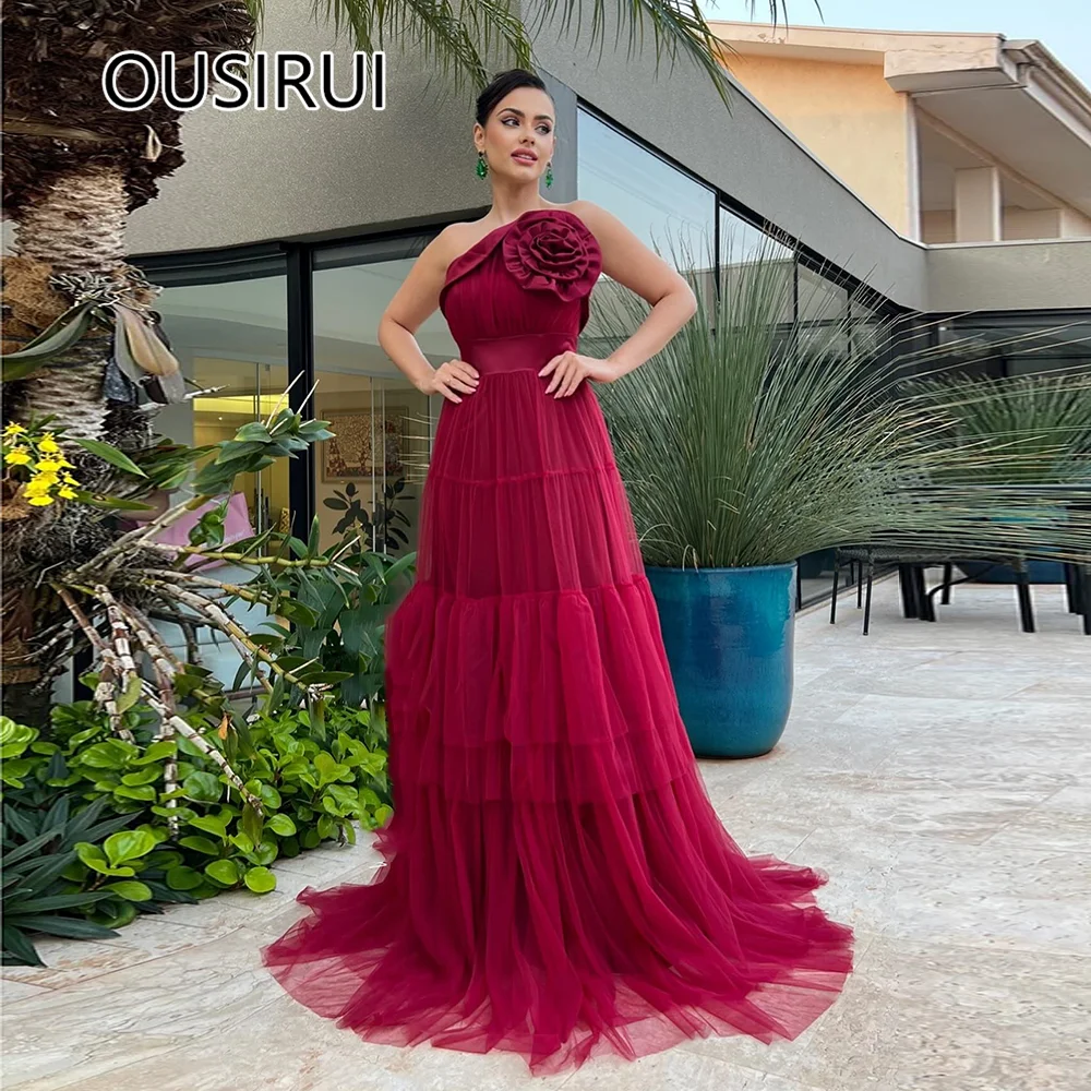 OUSIRUI One Shouler Tulle Handmade Flower Bridal Prom Dress A-line Tiered Backless Court Stunning Prom Gown robe de mariée