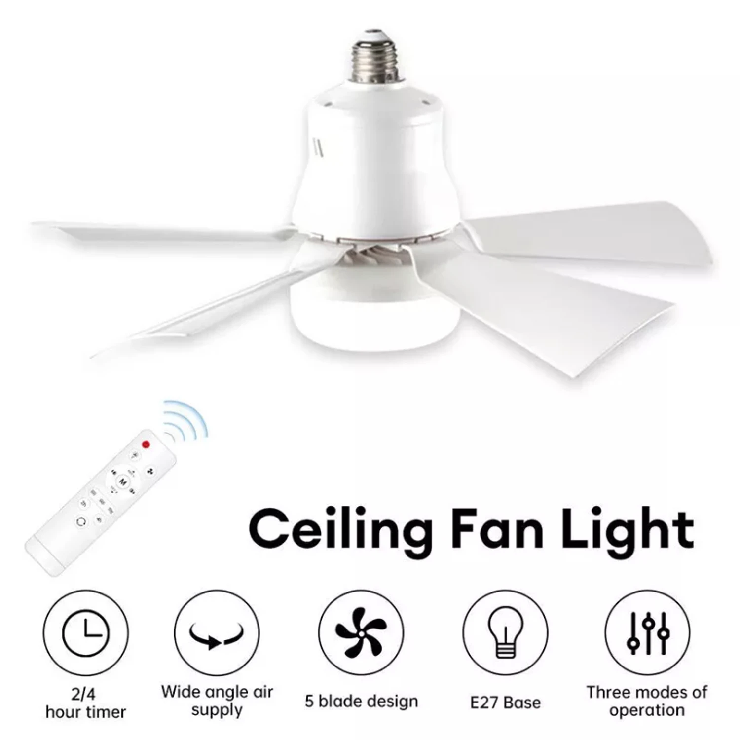 Large Ceiling Fan E27 Connector Fan 30W w/ Dimmable LED Light Remote Controller