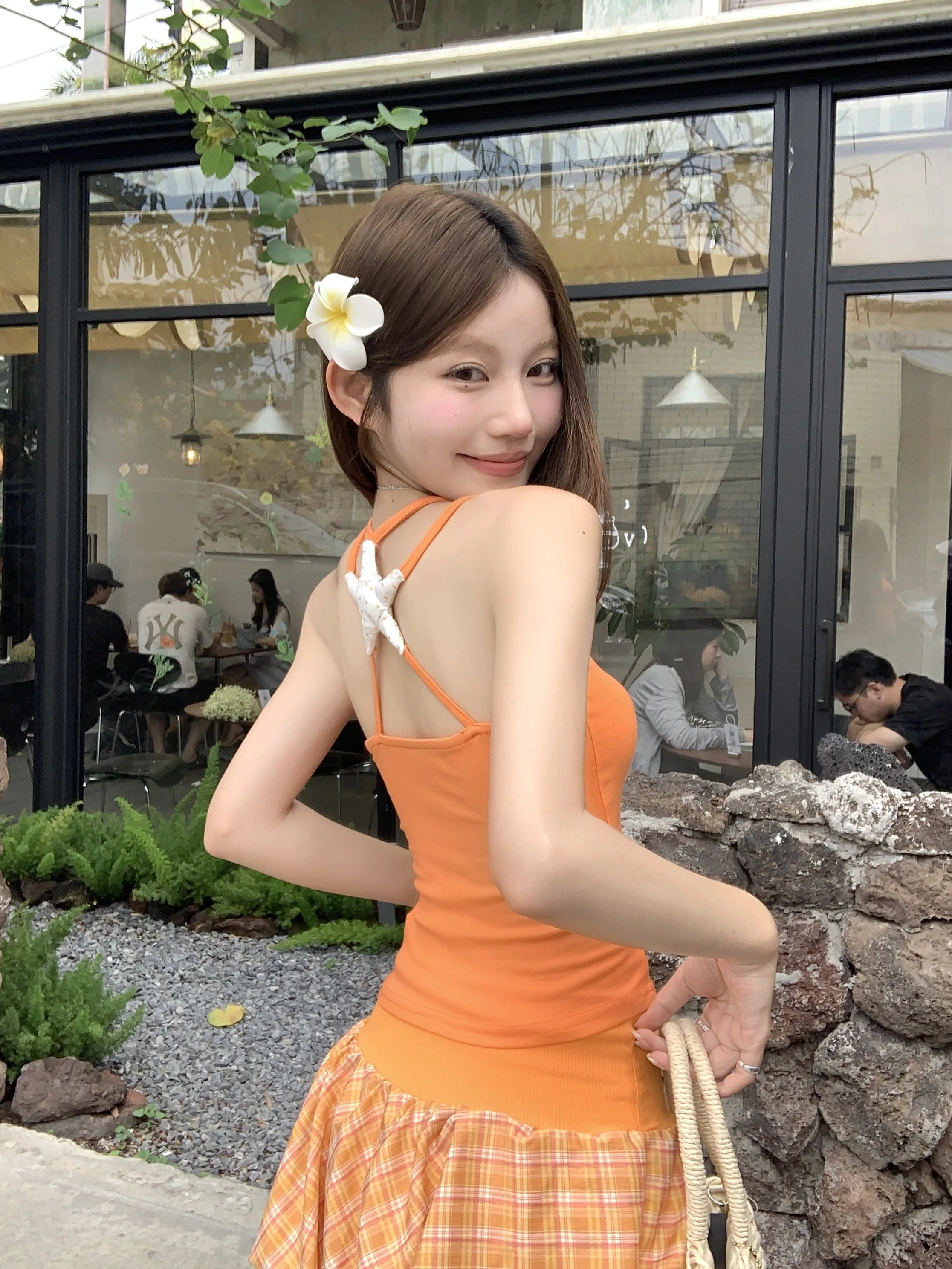 

Orange Plaid Bloomer f Skirt Women's Summer New plus Size Slimming Sexy Girl Elastic Dstring Versatile ort Skirt