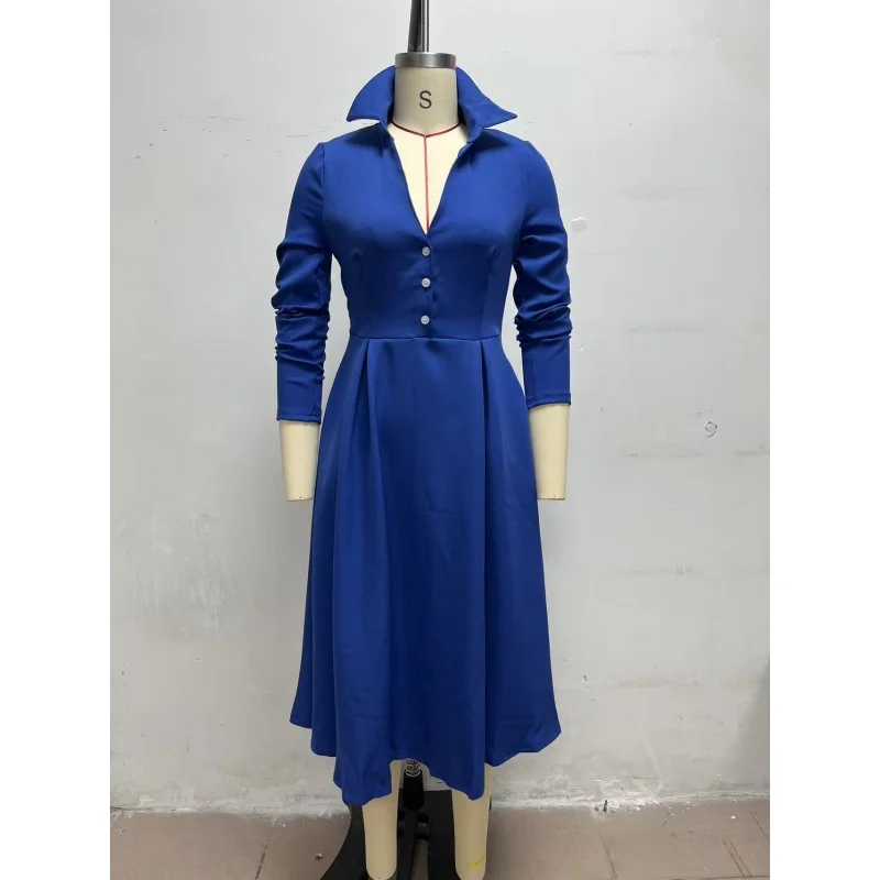 Elegantes Damen-Midikleid mit Hemdkragen, langen Ärmeln, V-Ausschnitt, Knopfleiste vorne, A-Linien-Schnitt, ausgestellter Rock und Taschen – ideal für Büro, Party oder formelle Anlässe. – Detail 12
