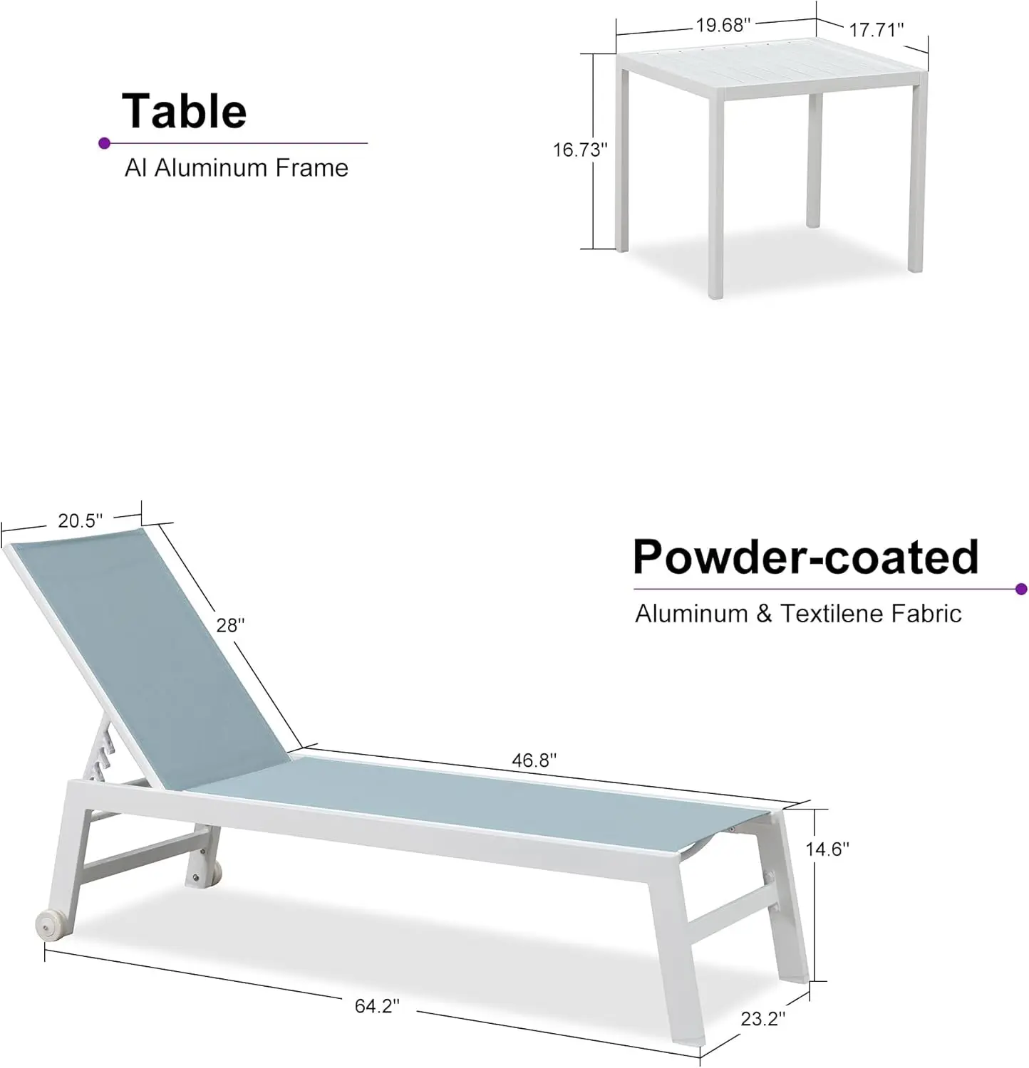 Patio Lounge Chair 2 Pieces White Aluminum Outdoor Chaise Lounge For Pool Backyard Beach With Wheels And Table, Steel Blue