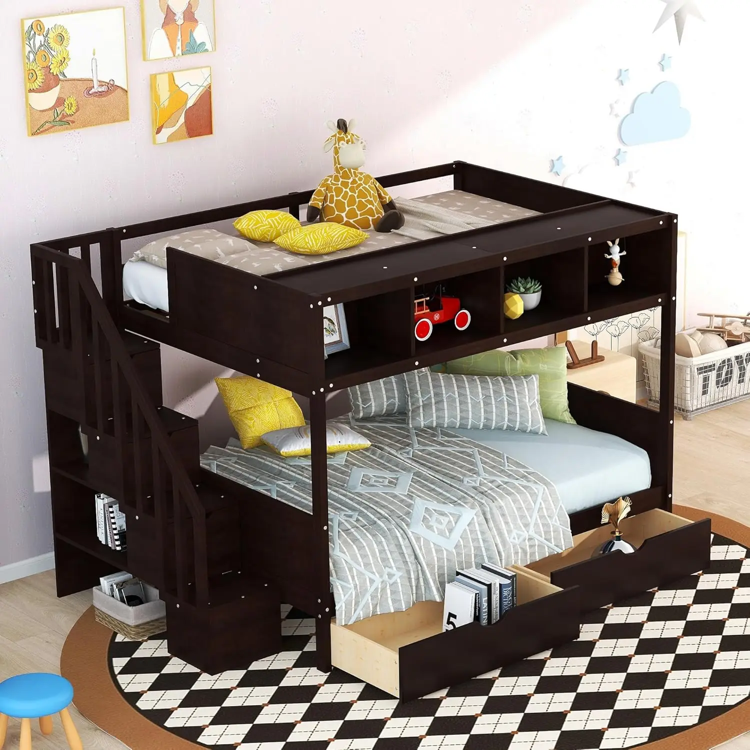 Harper & Bright Designs Twin Over Full Bunk Bed With Stairs, Storage Shelves, Solid Wood Bunk Bed Frame With 2 Drawers, For