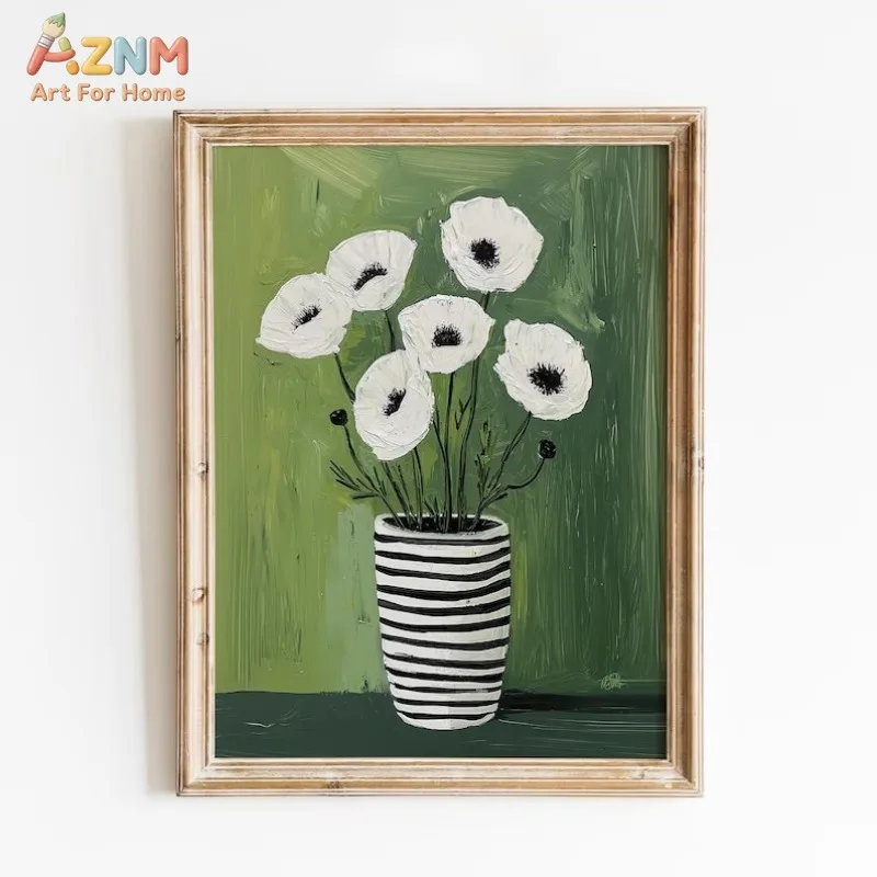 AZNM White Poppy Flowers Striped Vase Canvas Wall Art Green Background Textured Oil Painting Print Unframed Canvas Farmhouse Dec