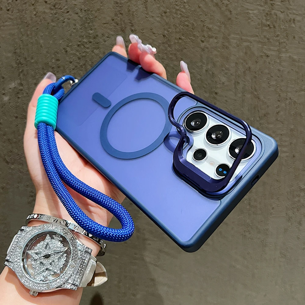 Matte Magnetic Lens Bracket Lanyard Stand Phone Case For Sam