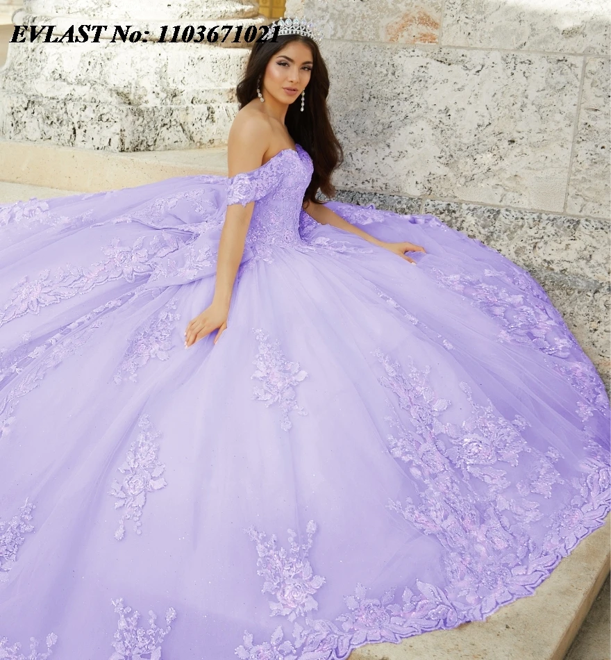 EVLAST Mexican Pink Quinceanera Dress Ball Gown Sequins Lace Applique Beading With Bow Tiered Corset Vestidos De XV Anos SQ316