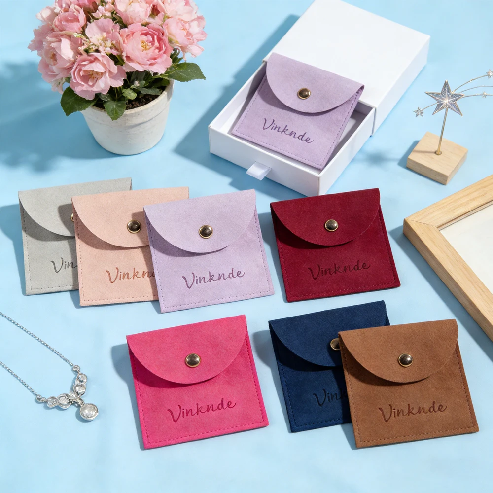 

Мешочки для украшений из микрофибры с логотипом на заказ, миниатюрные, маленькие, с застежкой-защелкой, роскошные замшевые мешочки с клапаном, бархатные мешочки, хит продаж