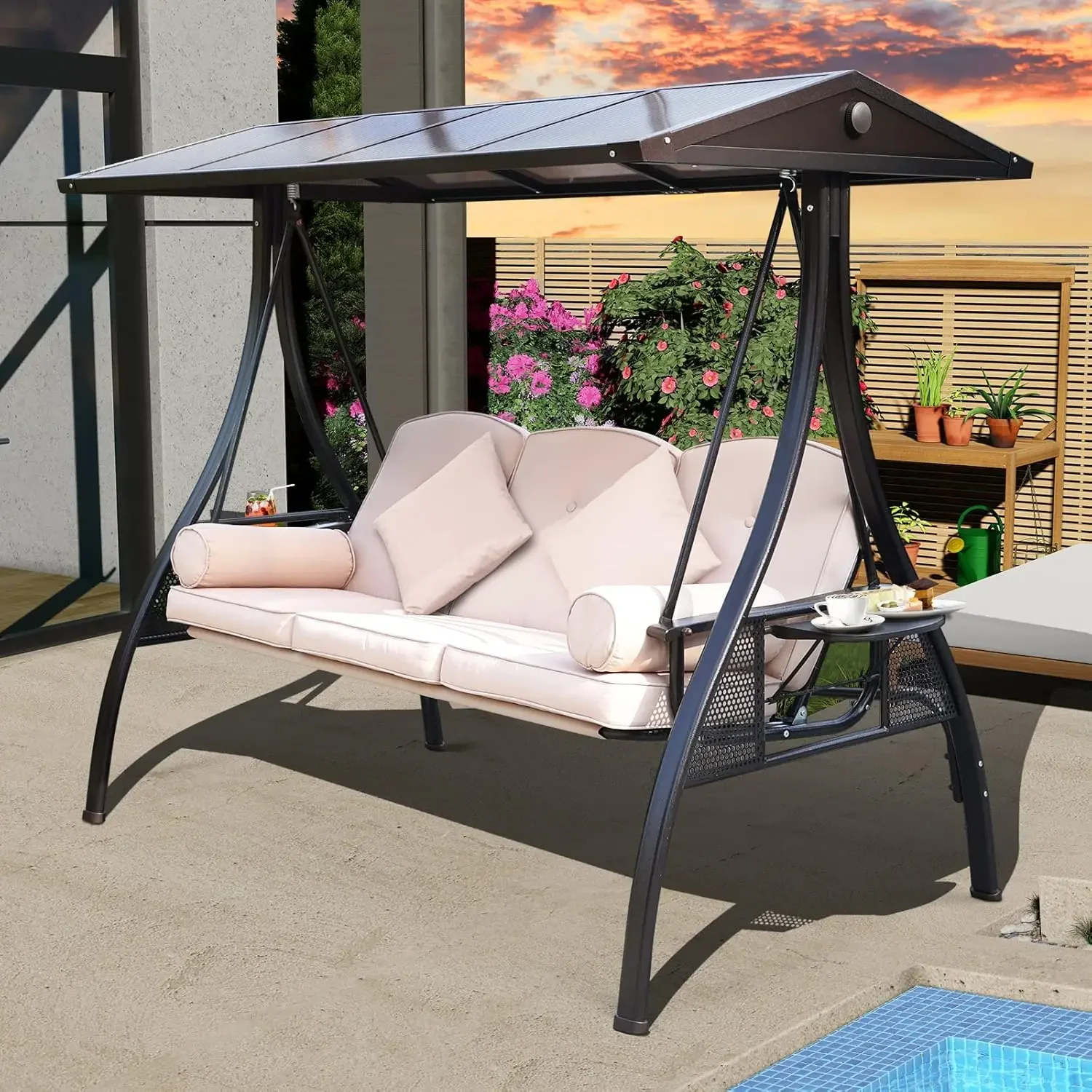 Outdoor Porch Swing with Polycarbonate Hardtop, 3 Seat Patio Swing with Convertible Backrest, 2 Side Cup Holder