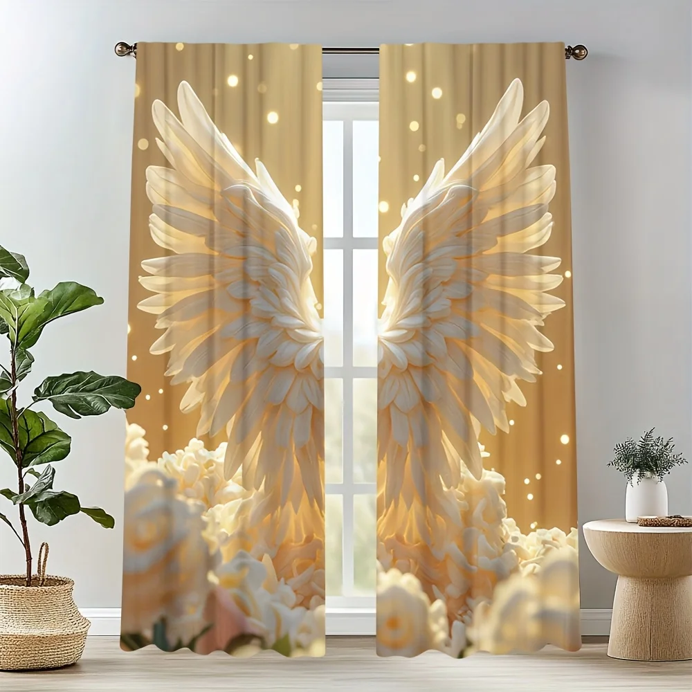 2pcs Gold Angel Wing Door Curtains – Soft Sheer Polyester for Bedroom, Living Room, Office & Café Decor