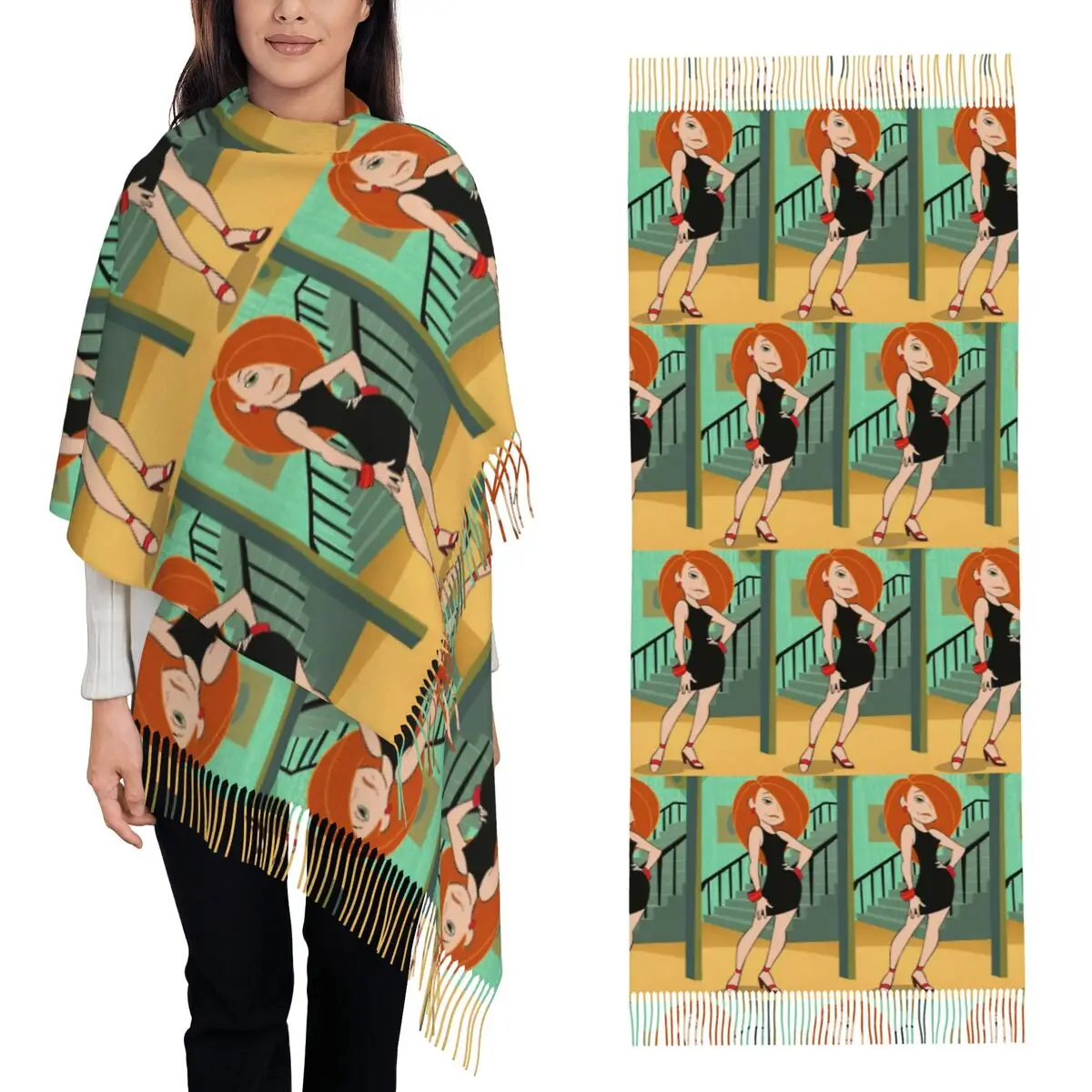 

Kim Possible Anime Scarf Tassel Scarves for Women Soft Warm Shawls and Wraps Long Fall Winter Shawl Wrap