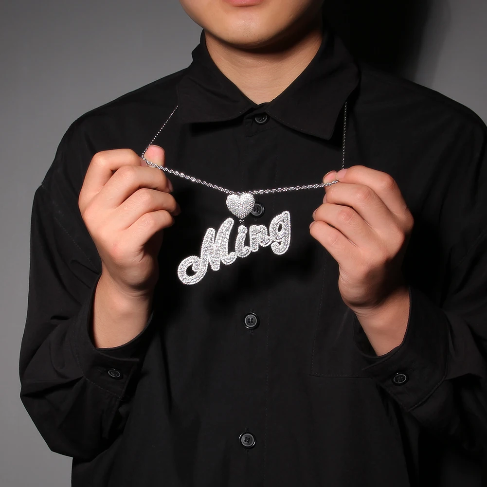 Uwin Heart Bail Brush Cursive Letter Pendant Name Necklace Pendant Micro Paved CZ Personalized Baguettes Chain Hiphop Jewelry