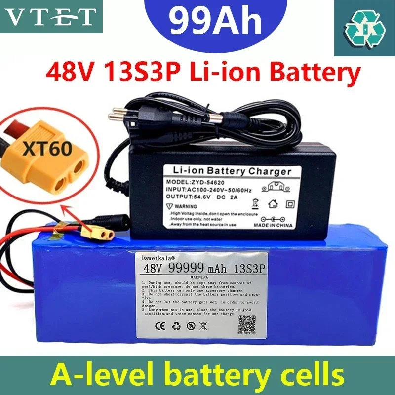 2024 48V 99999mAh 1000W 13S3P XT60 18650 Lithium Battery Pack 99AH for 54.6V E-bike Electric Bicycle Scooter with BMS+charger