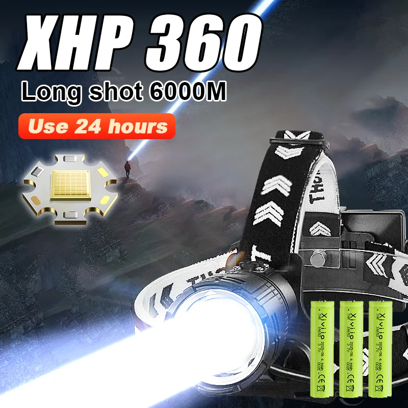 NEW XHP360 Powerful Headlamp High Power LED Headlight 6000M Head Flashlight With Warning Light Camping Fishing Hunting Lights