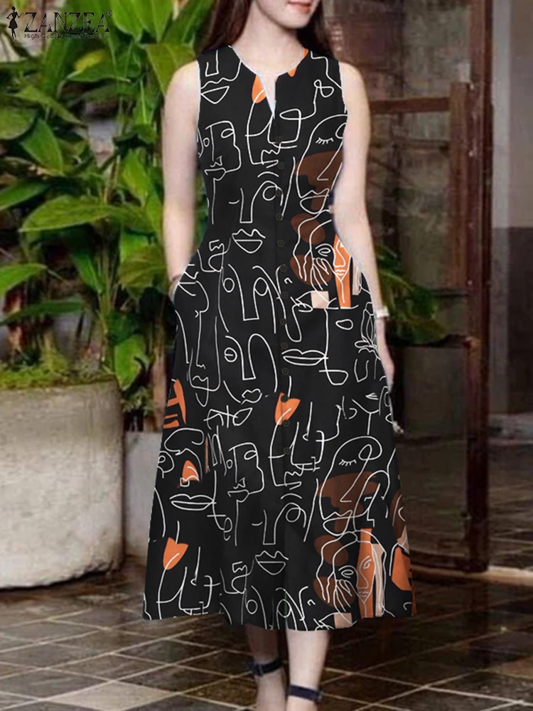 ZANZEA Casual Everyday Midi Dresses Abstract Pattern Slit Hem Women's Stylish Sundress V Neck Sleeveless 2025 Summer Robe Femme