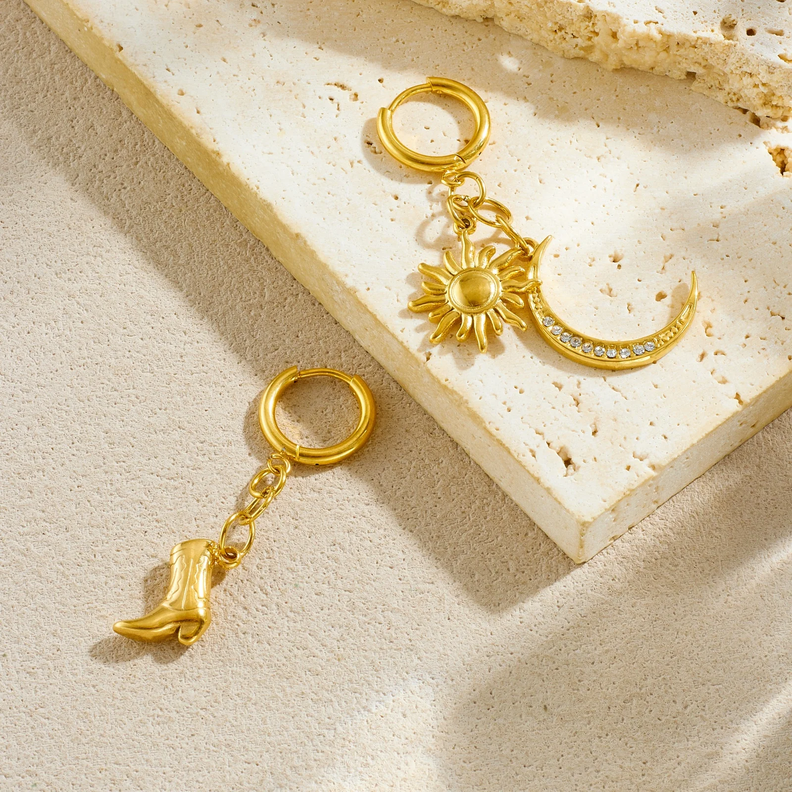 

LAMENGLY 316L Stainless Steel Creative Moon Sun Boots Asymmetric Tassel Earrings For Women Trendy Personalized Eardrop Jewelry